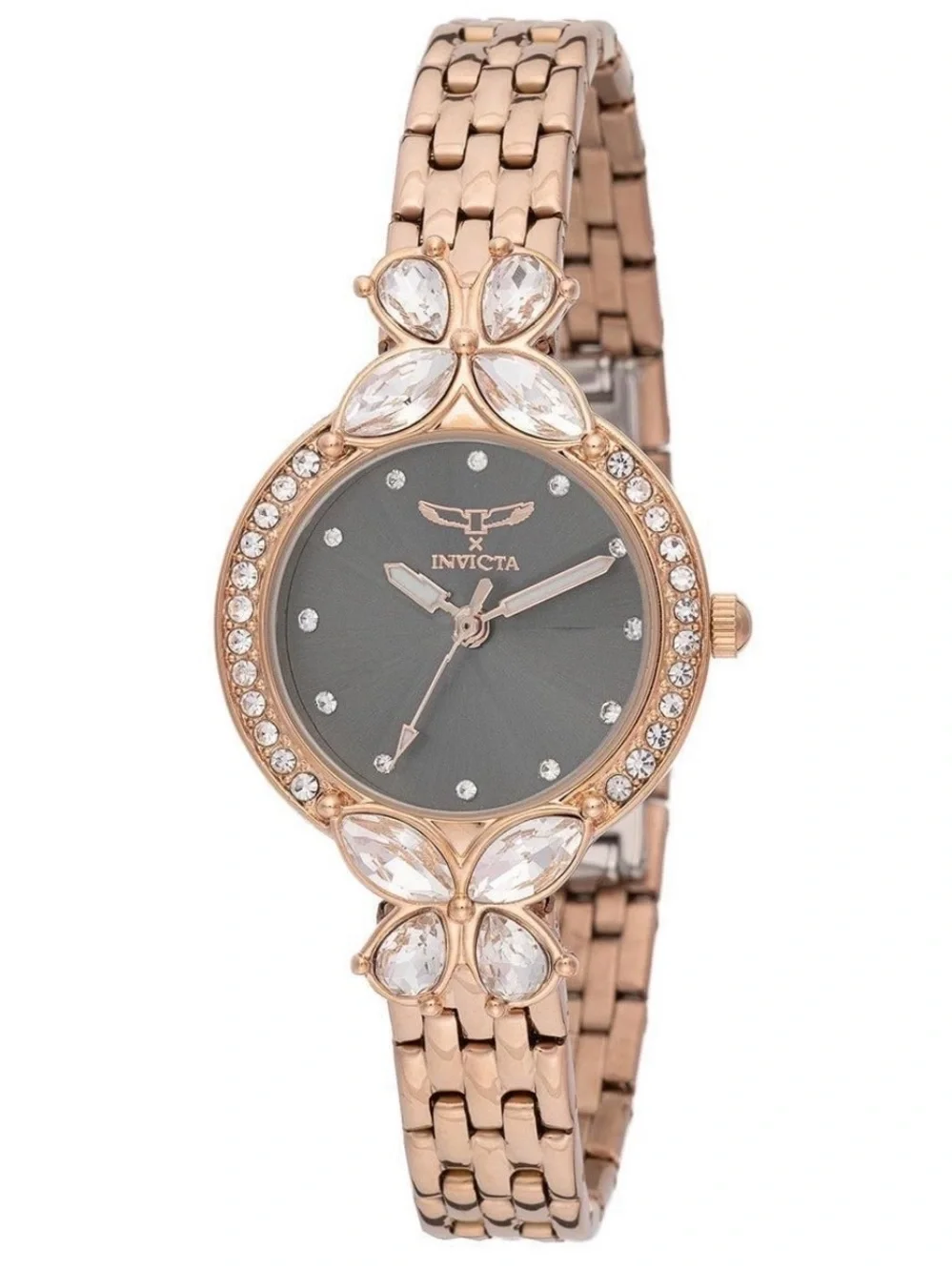 Invicta Rose Gold Bracelet Watch with Charcoal Dial and Crystal Butterflies